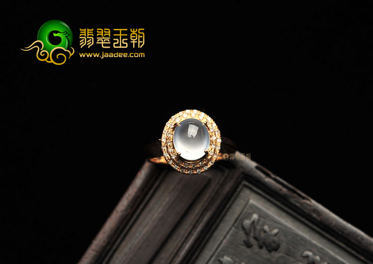 玻璃种起莹光无色镶玫瑰金戒指(真钻)