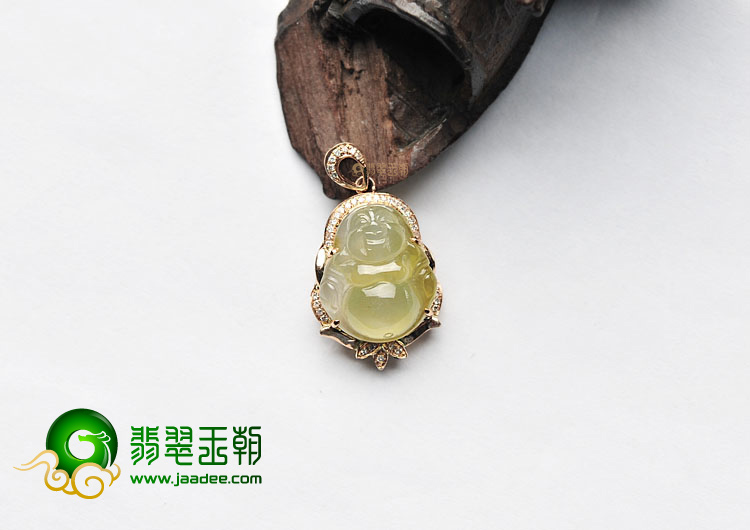 (超值推荐)冰种淡黄翡镶玫瑰金玉佛胸坠(真钻)