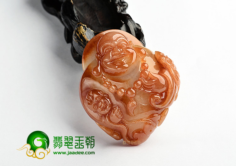 糯冰种红黄翡童子拜佛挂件