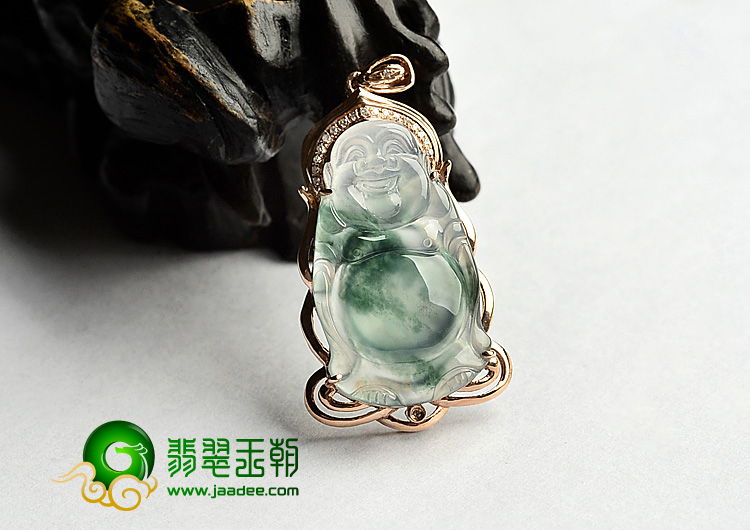 冰种飘花镶玫瑰金站佛胸坠(真钻)