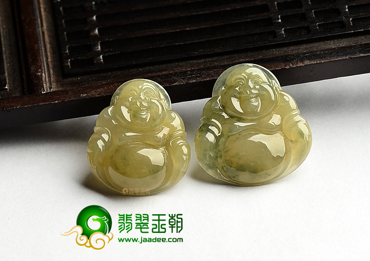 冰种黄翡略飘花玉佛挂件(一对)