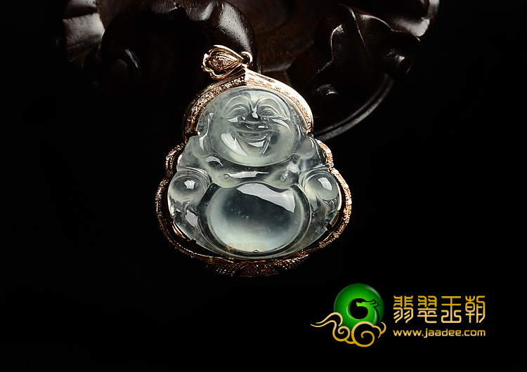 (超值推荐)冰玻种晴水略飘花镶玫瑰金玉佛胸坠(真钻)