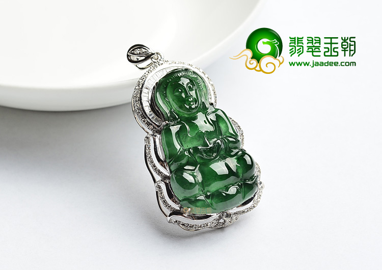 冰玻种油青镶白金观音胸坠(真钻)