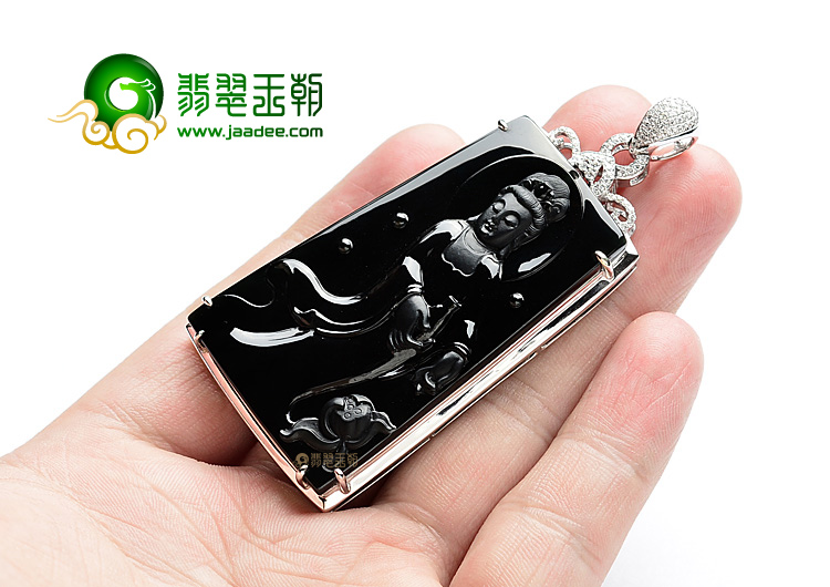玻璃种墨翠镶白金站观音胸坠(真钻)
