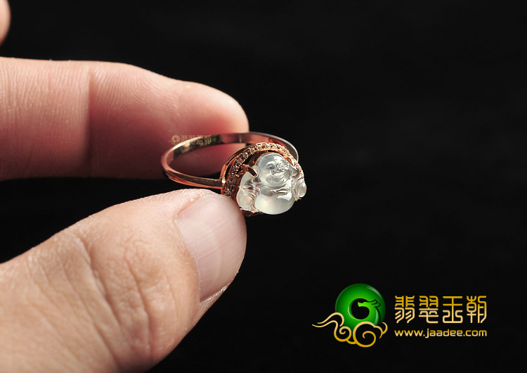 冰玻种无色镶玫瑰金玉佛戒指(真钻)