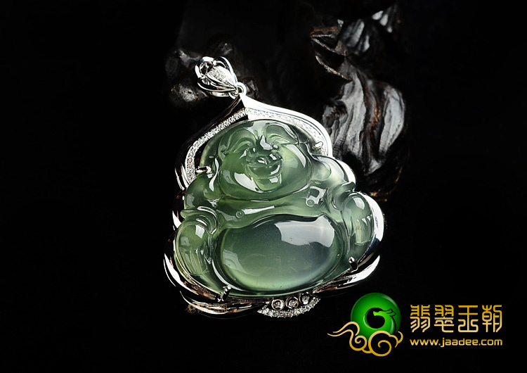 冰玻种淡黄翡镶白金玉佛胸坠(真钻)