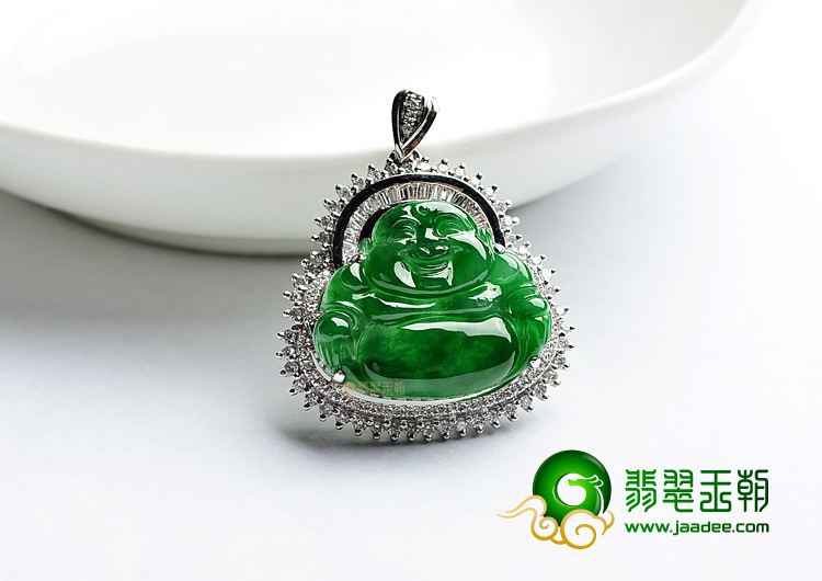 冰种正阳绿镶白金玉佛胸坠(真钻)