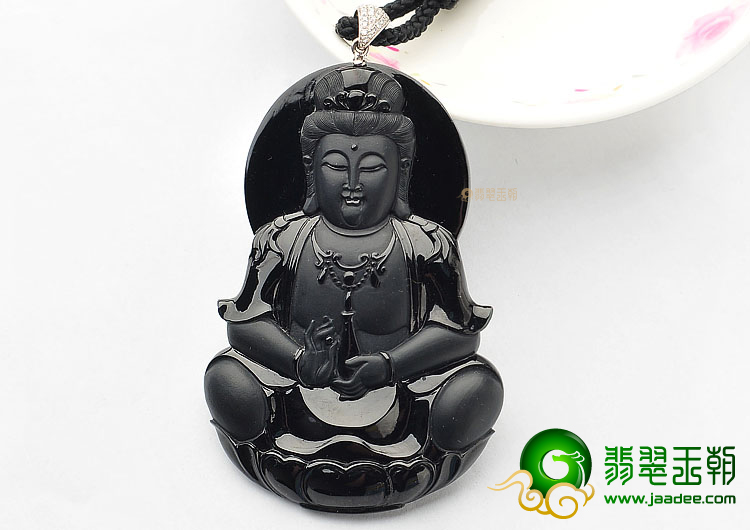 (超值推荐)冰玻种墨翠带金扣观音挂件(真钻)