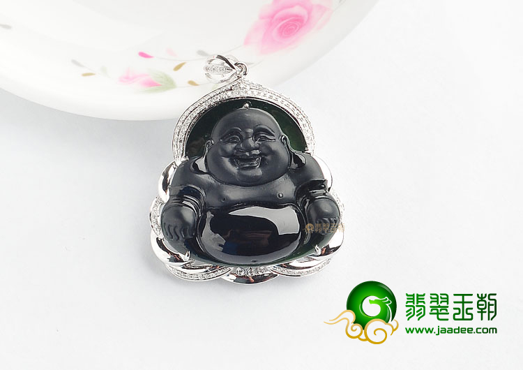 冰种墨翠镶白金玉佛胸坠(真钻)