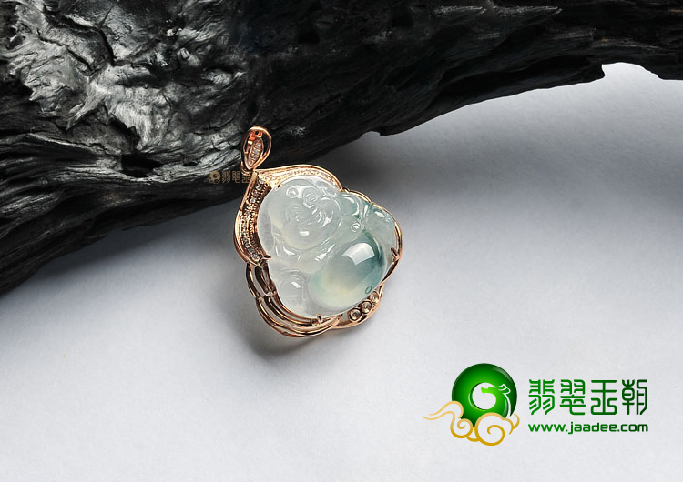 冰玻种飘花镶玫瑰金玉佛胸坠(真钻)