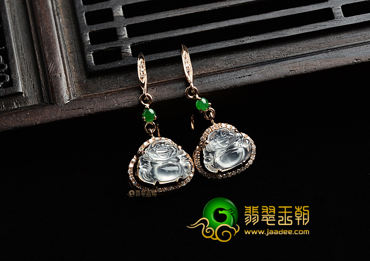 (超值推荐)冰玻种无色镶玫瑰金玉佛耳坠(真钻)
