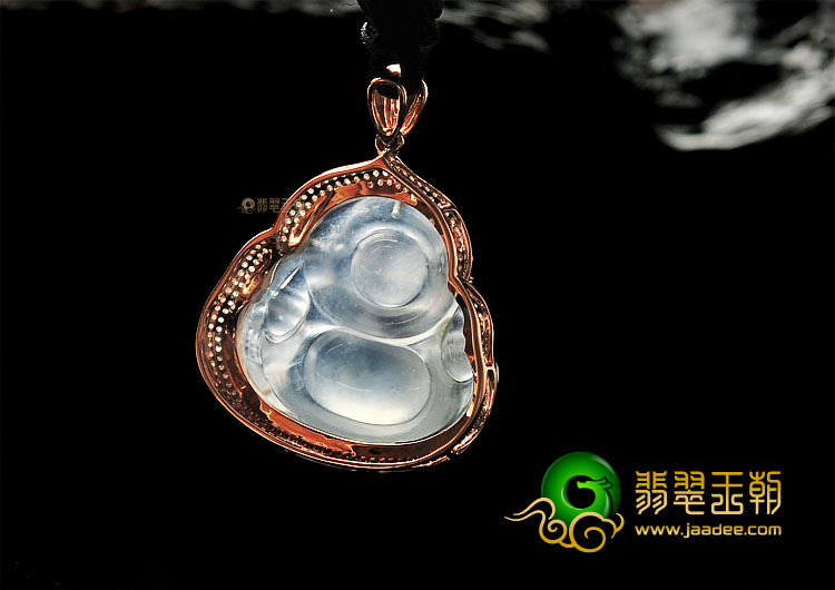 玻璃种淡晴水强莹光镶玫瑰金玉佛胸坠(真钻)