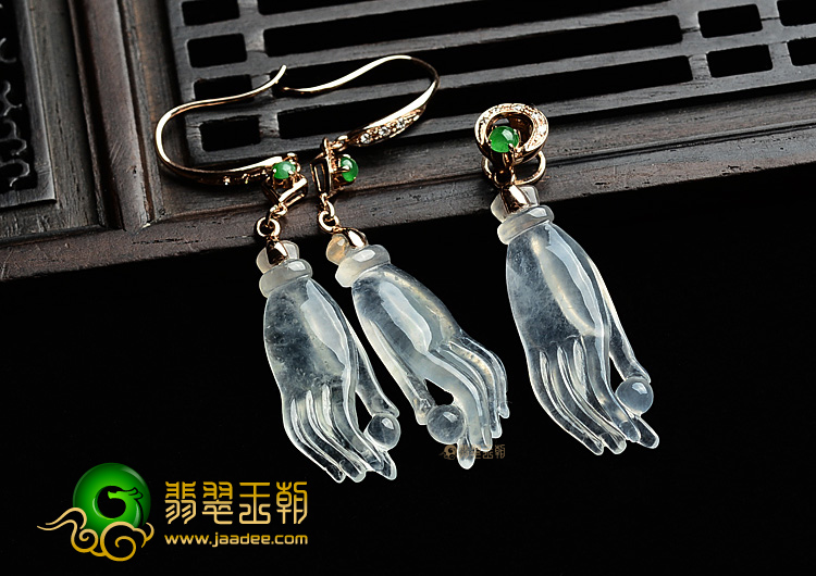 (超值推荐)冰玻种无色镶玫瑰金佛手耳坠/胸坠(一套)