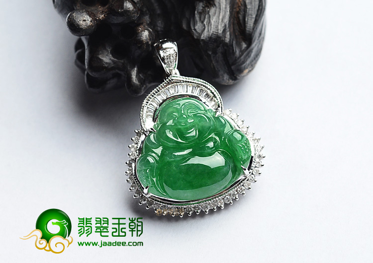 冰种阳绿镶白金玉佛胸坠(真钻)