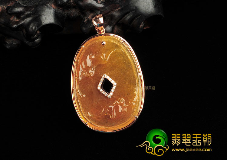 冰种黄翡镶玫瑰金福从天降胸坠(真钻)