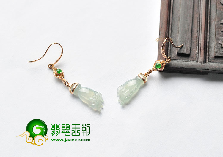 冰种阳绿/晴水镶玫瑰金佛手耳坠(真钻)
