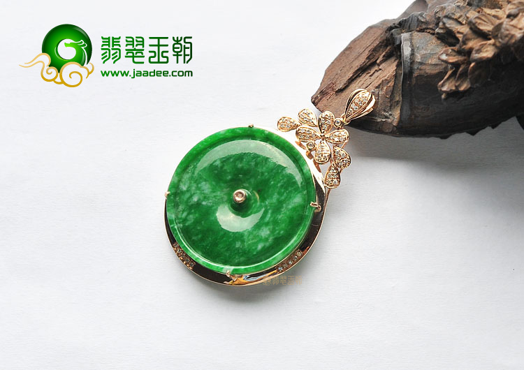 糯冰种浓绿镶玫瑰金平安扣胸坠(真钻)