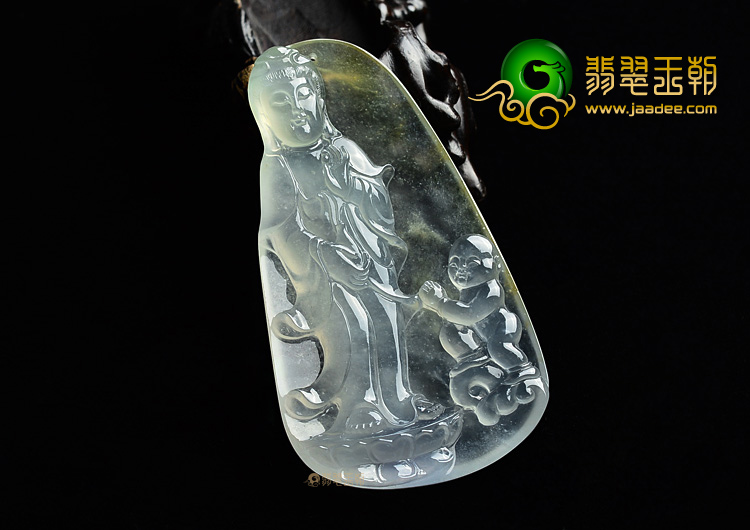 (超值推荐)冰玻种晴水带黄翡童子拜观音挂件