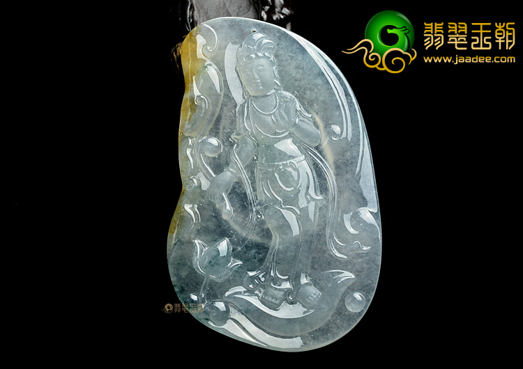 (超值推荐)冰种飘花略带黄翡站观音挂件