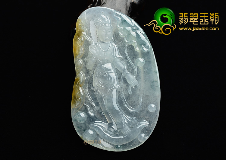 (超值推荐)冰种飘花略带黄翡站观音挂件