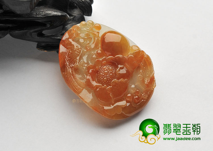 糯冰种褐黄翡花开富贵挂件