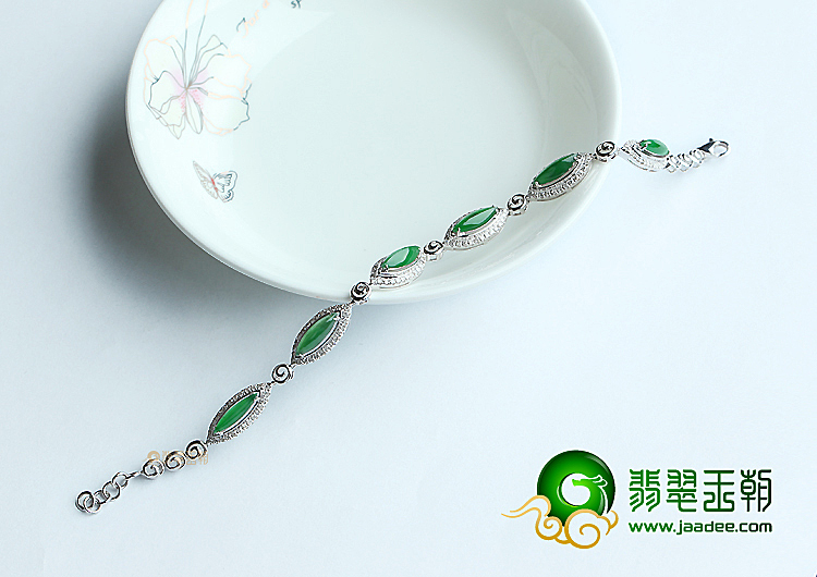冰种阳绿镶白金手链