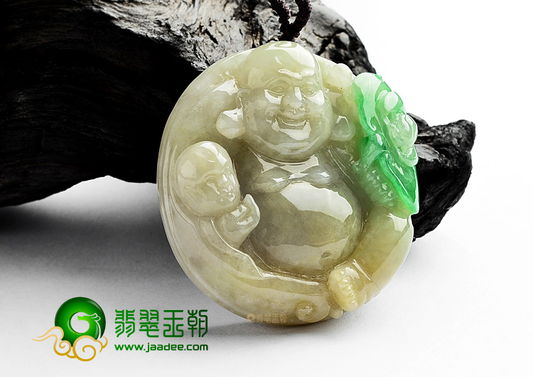 (超值推荐)糯冰种黄加绿童子拜佛挂件