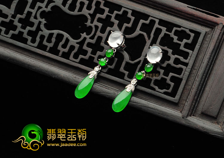 玻璃种无色/冰种阳绿镶白金耳坠(真钻)