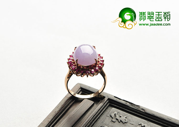 糯冰种紫罗兰镶玫瑰金红宝戒指