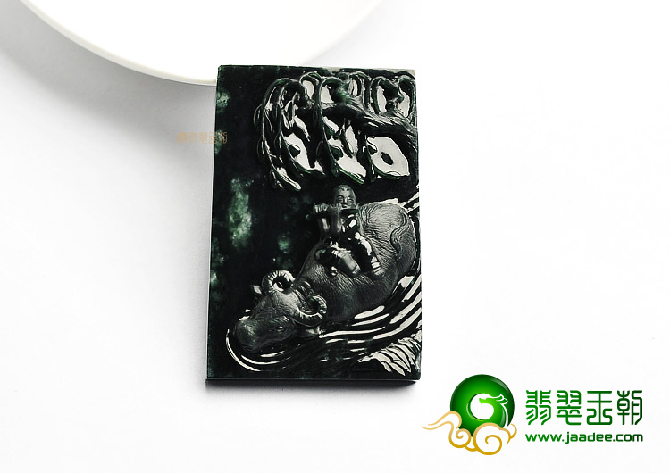(超值推荐)糯冰种墨翠童子牧牛挂件