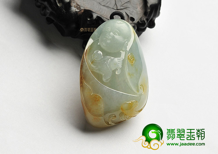 糯冰种晴水褐黄翡善财童子挂件