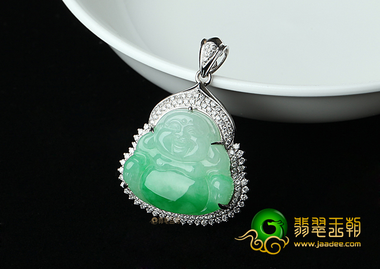 糯冰种晴水飘翠镶白金玉佛胸坠