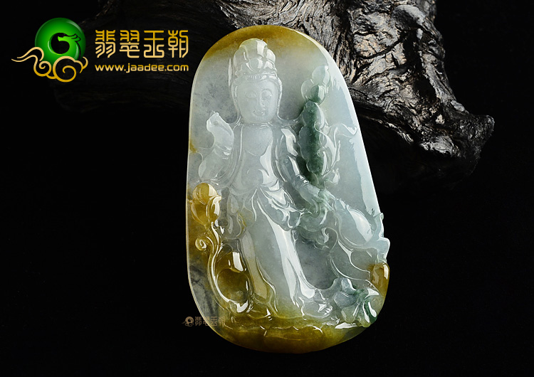 (超值推荐)糯冰种黄翡飘花观音挂件