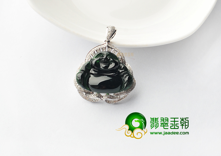 (超值推荐)玻璃种蓝水镶白金钻石玉佛胸坠
