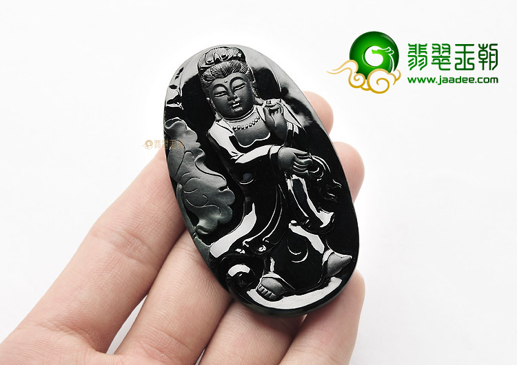 玻璃种墨翠站观音挂件