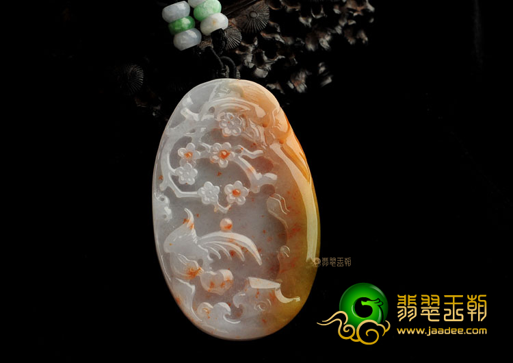 糯冰种褐黄翡飘红花喜上眉梢挂件