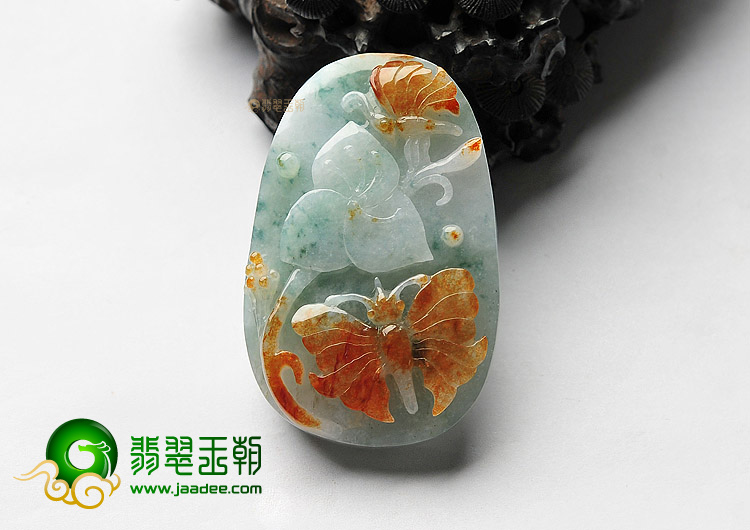 糯冰种红黄翡飘花蝶恋花挂件
