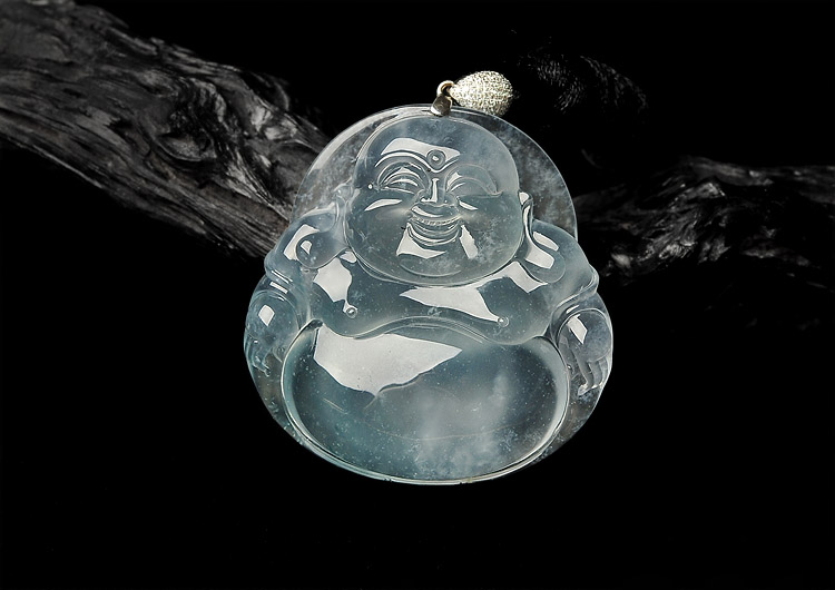 玻璃种淡晴水略飘花镶白金钻石金扣玉佛挂件