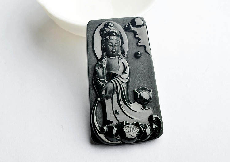 冰种墨翠莲花观音挂件