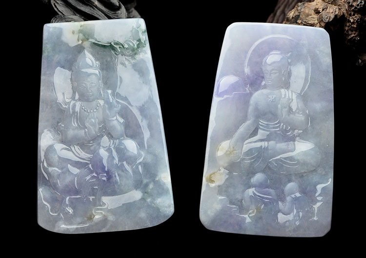 糯冰种紫罗兰飘花佛禅挂件(一对)