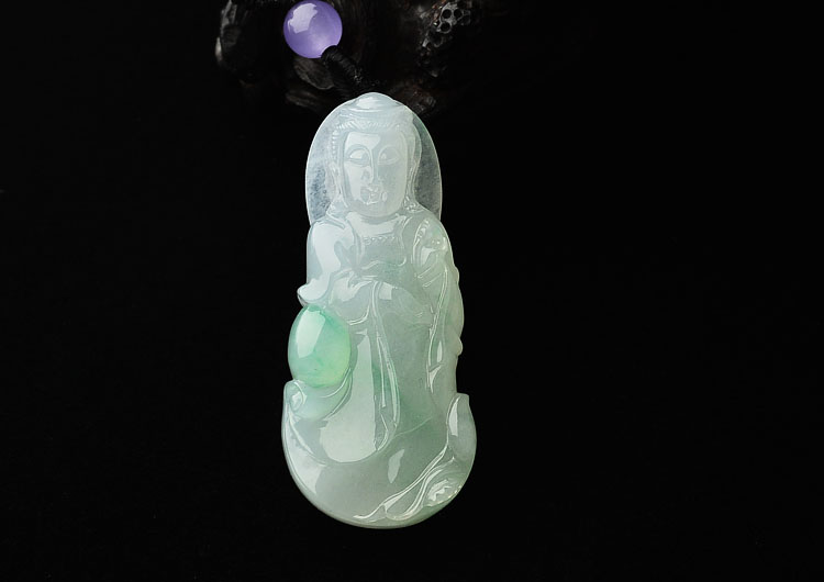 糯冰种飘绿花站观音挂件