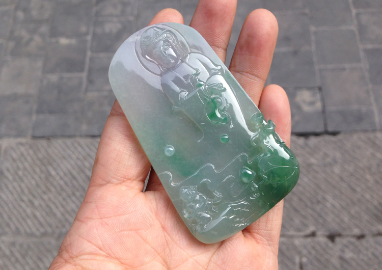 冰种飘翠童子拜观音挂件