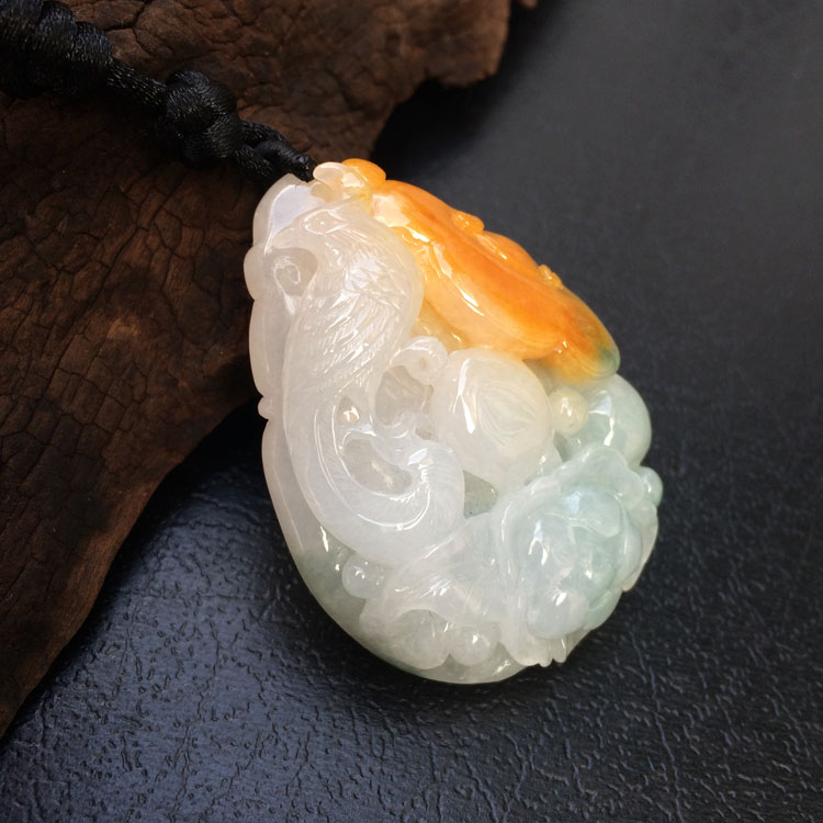 糯冰种黄翡略飘花鸟语花香挂件