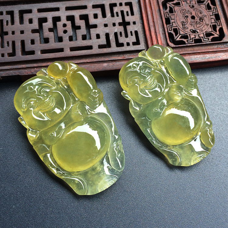 (超值推荐)冰玻种黄翡笑口常开挂件（一对）