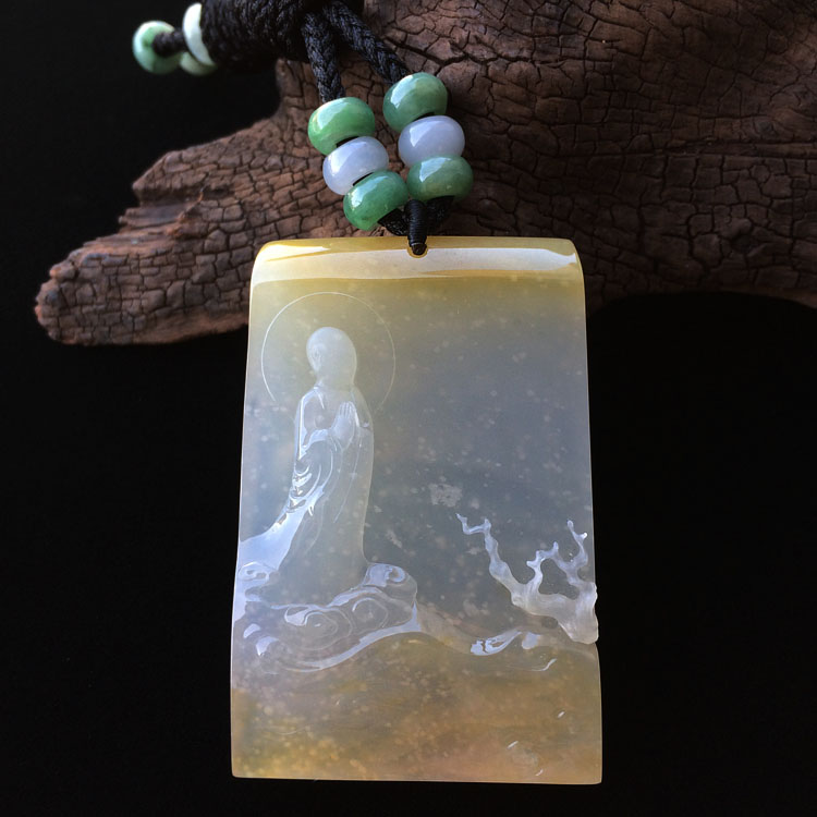 (高松峰大师作品)(超值推荐)冰种黄翡佛光普照挂件