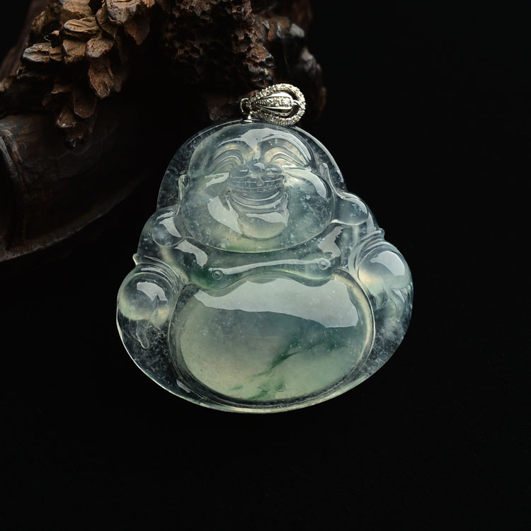 冰玻种飘花玉佛挂件（金扣）
