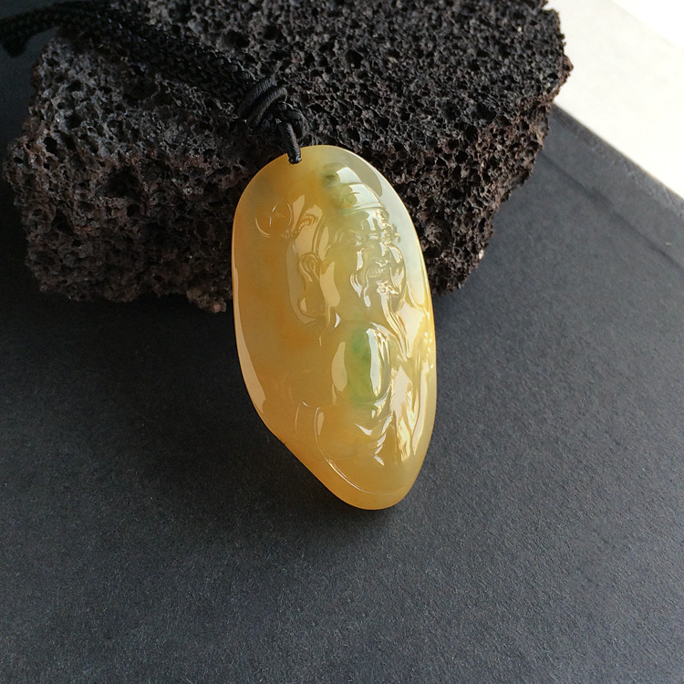 糯冰种黄翡飘花财神挂件