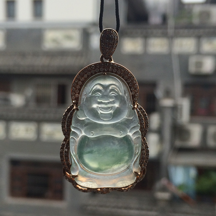 (超值推荐)冰玻种飘花镶玫瑰金钻石玉佛胸坠