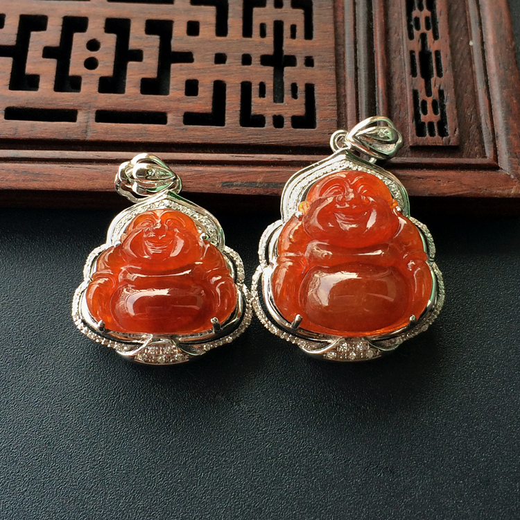 (超值推荐)糯冰种褐红翡镶白金钻石玉佛胸坠(一对)