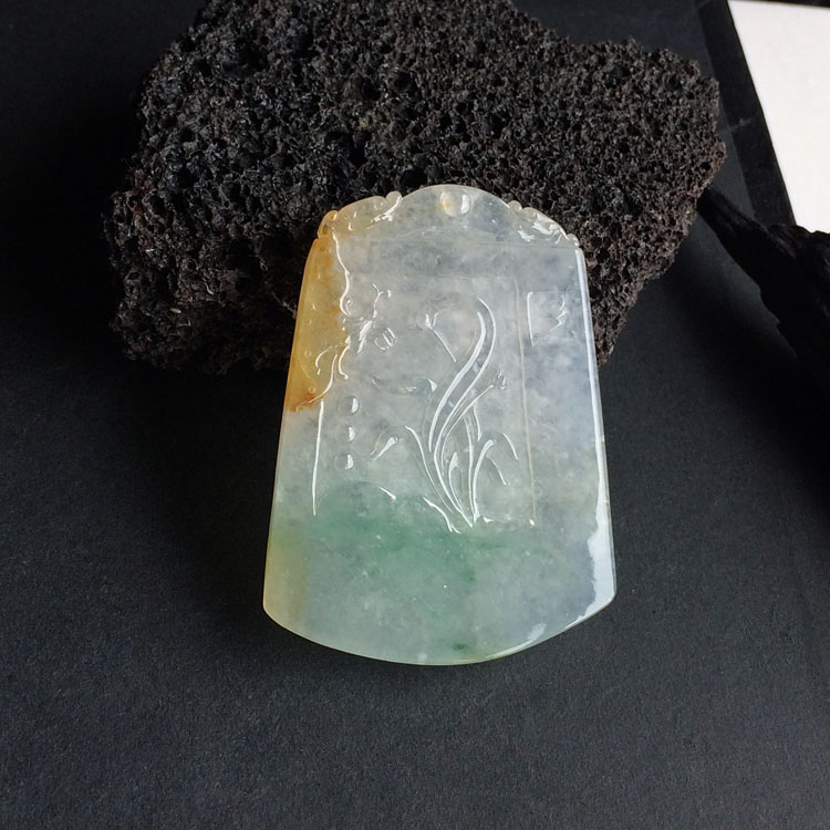 冰种黄翡飘花兰花牌挂件